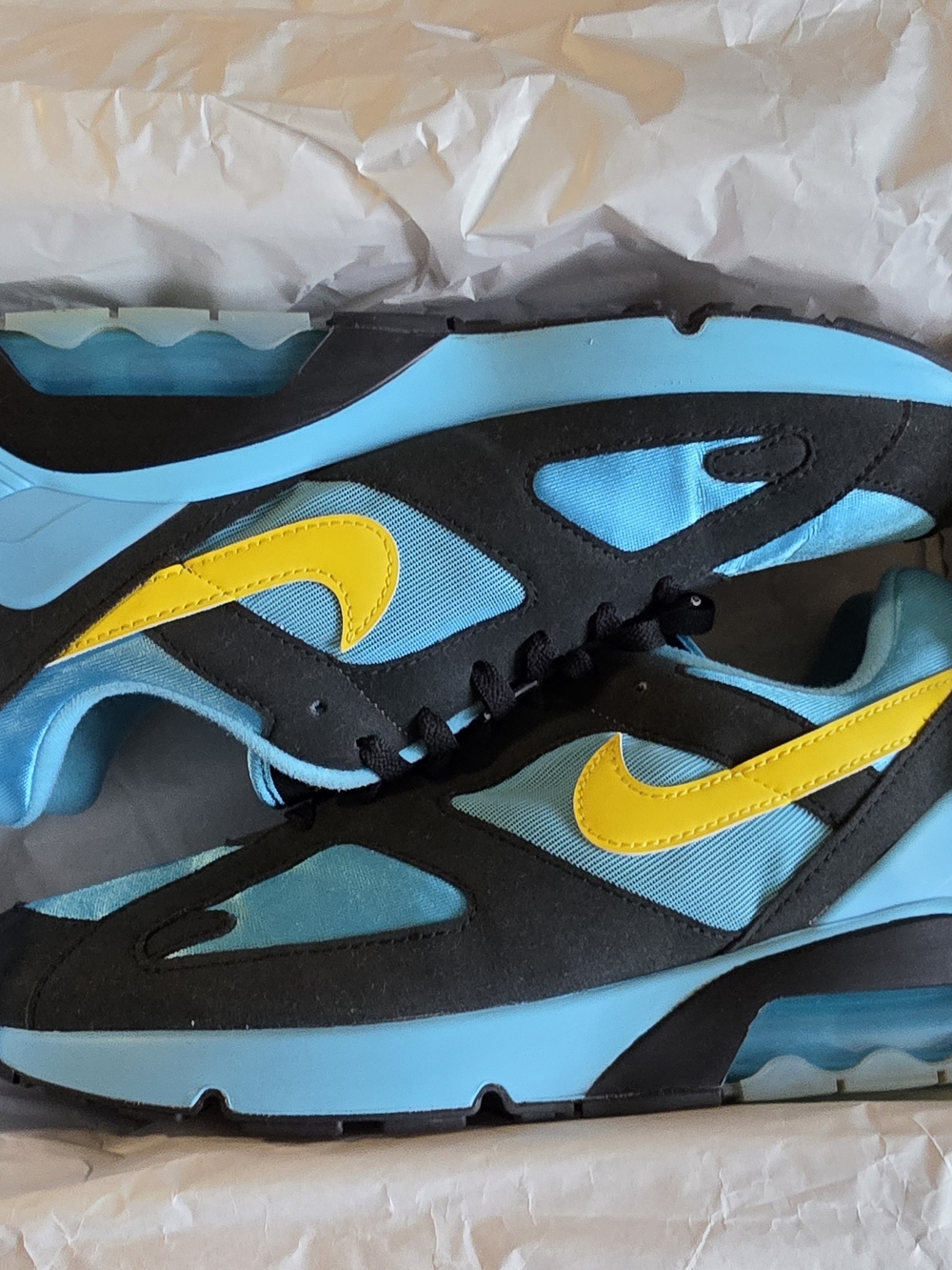 Nike AirMax 180 Men's Blue and Yellow Athletic Sneakers - Picture 1 of 12